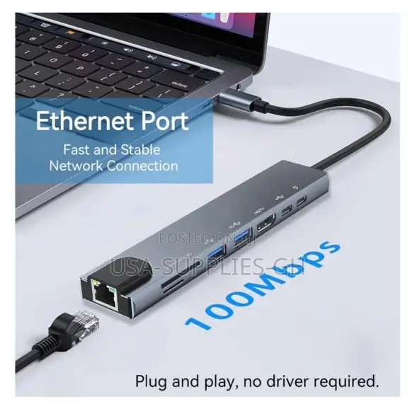 USB-C Hub 8 in 1 Multiport Ethernet Adapter 100W PD Charging From Usa