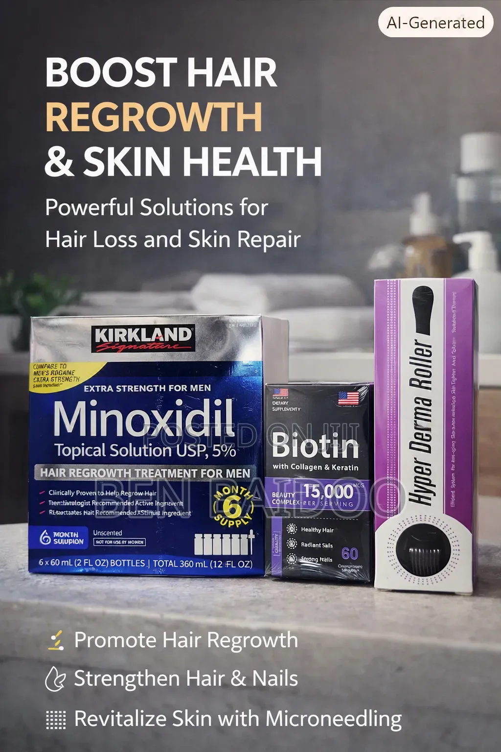 Super Hair Growth Pack (Kirkland,derma Roller and Biotin)