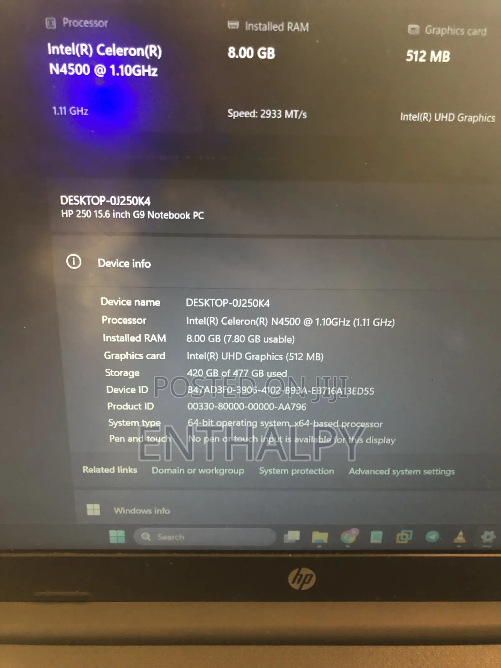 Laptop HP 250 G10 8GB Intel Celeron SSD 512GB