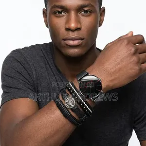 Men's Black 5-in-1 Stainless Steel Watch Bracelet Set