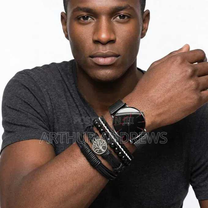 Men's Black 5-in-1 Stainless Steel Watch Bracelet Set