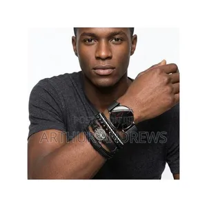 Men's Black 5-in-1 Stainless Steel Watch Bracelet Set