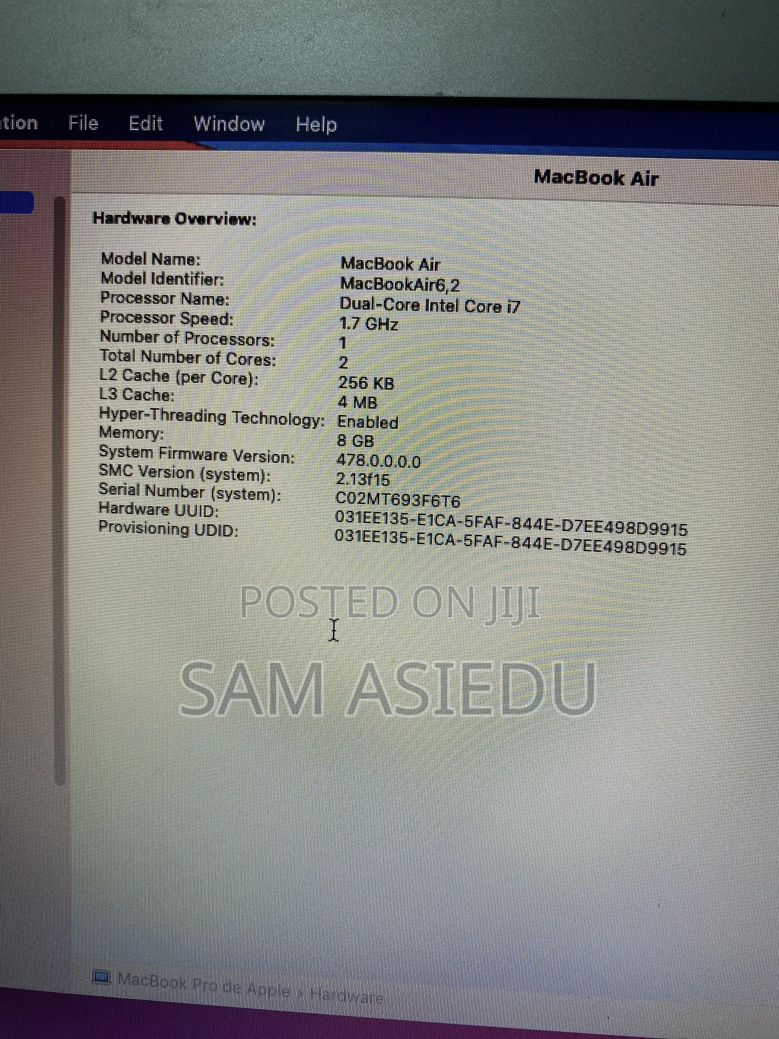 Laptop Apple MacBook Air 16GB Intel Core i7 HDD 128GB