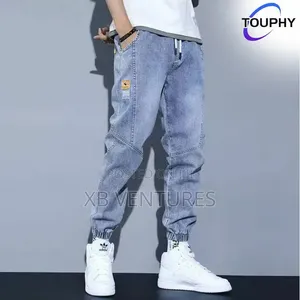High Denim Elasticity Perforated Pants-Black