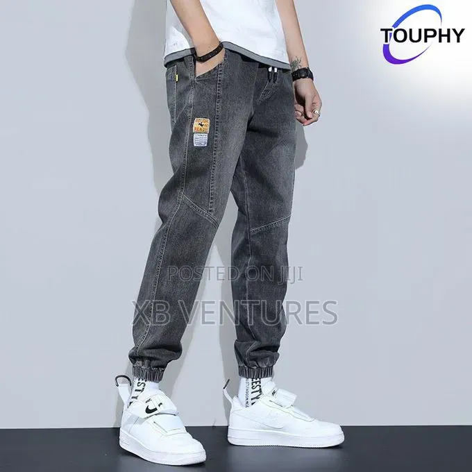 High Denim Elasticity Perforated Pants-Black