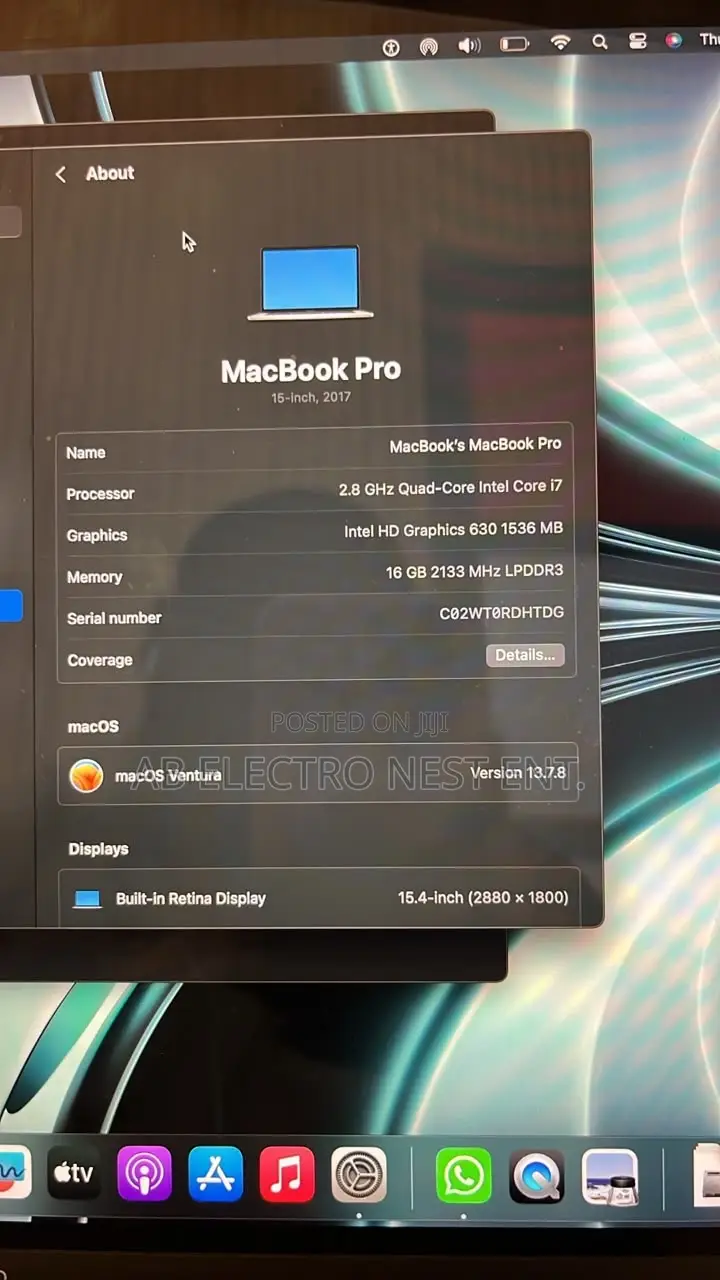 Laptop Apple MacBook Pro 2017 16GB Intel Core i7 SSD 512GB