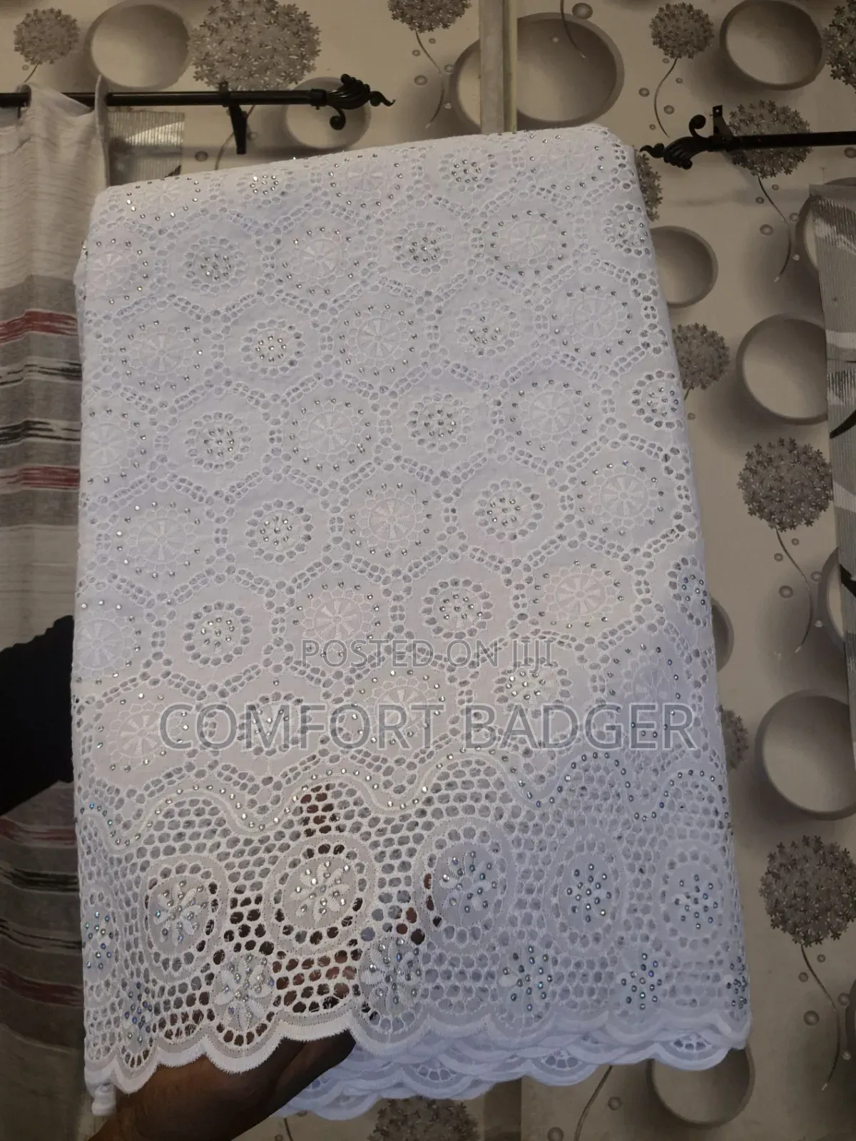 Pure White Voile Lace With Rhinestone Embellishments