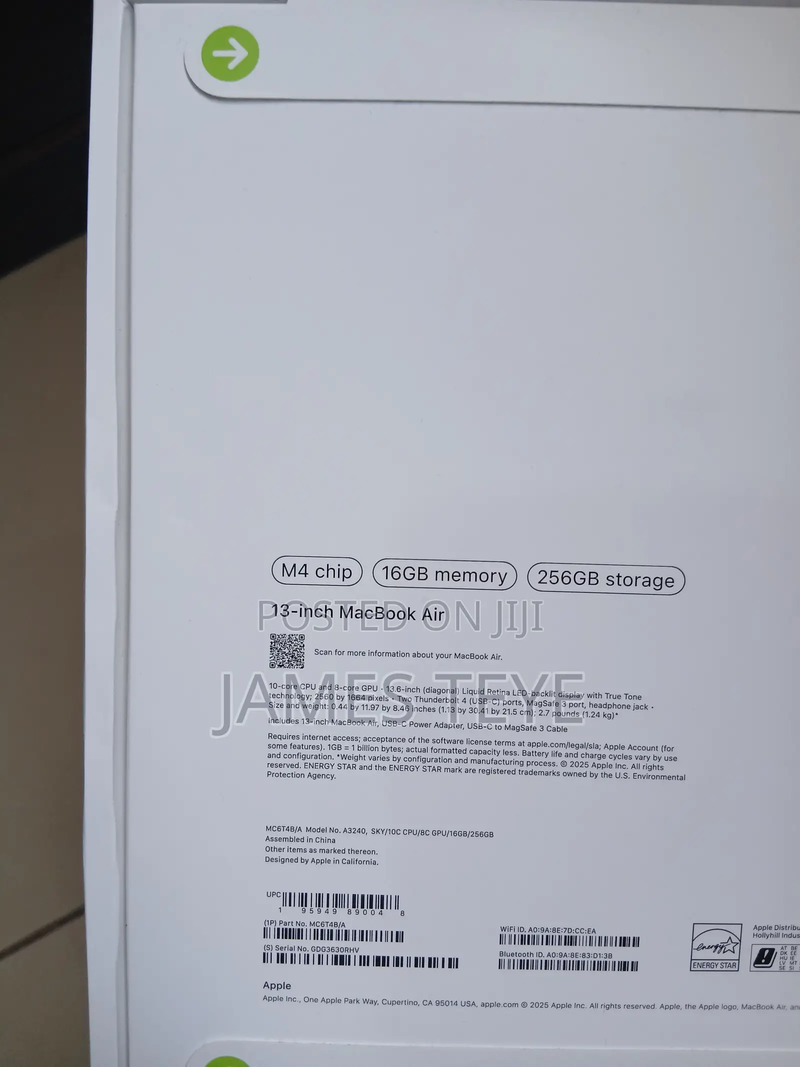 New Laptop Apple MacBook Air 16GB Apple M4 SSD 256GB