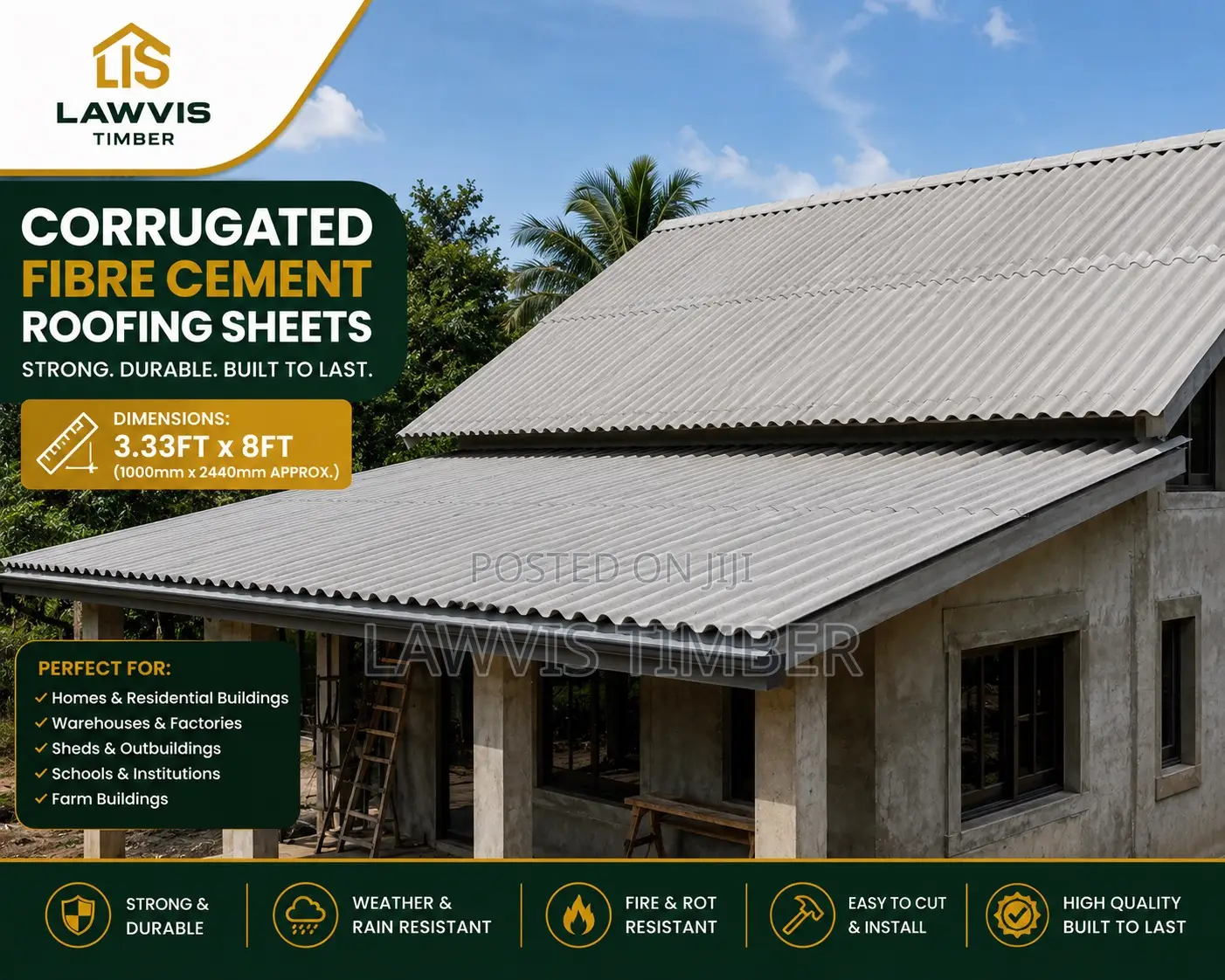 3.33ft × 8ft Corrugated Fibre Cement Roofing Sheets | Roofing Sheets