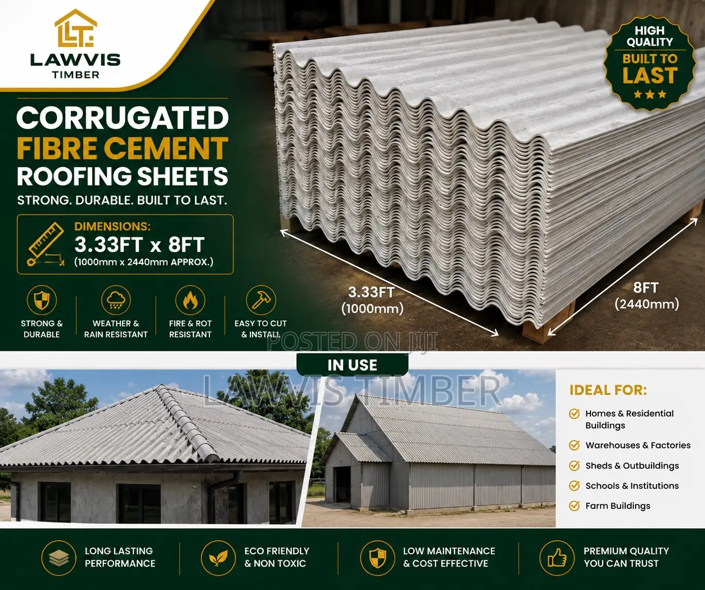 3.33ft × 8ft Corrugated Fibre Cement Roofing Sheets | Roofing Sheets