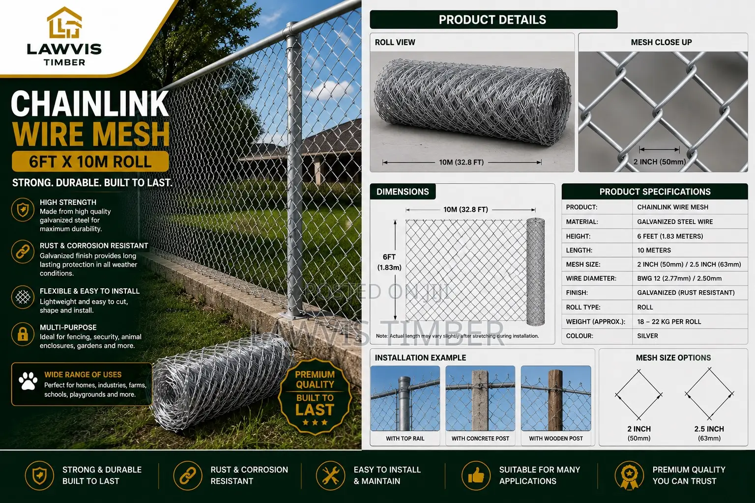 6ft × 10m Chain Link Wire Mesh | Galvanized Fence Mesh Roll