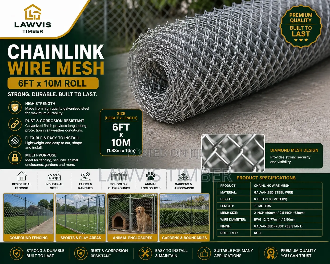 6ft × 10m Chain Link Wire Mesh | Galvanized Fence Mesh Roll