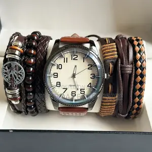 Luxury Men Watch Set Brown Leather Quartz.