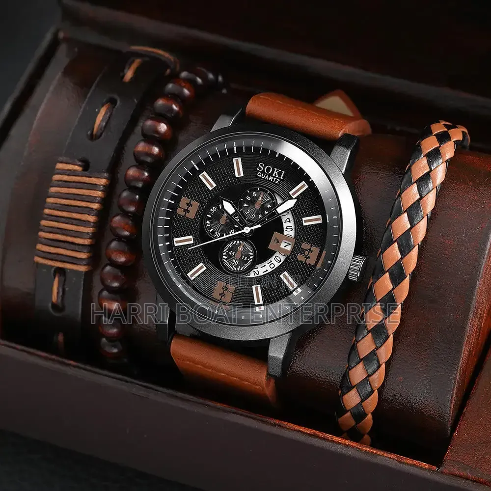 4 PCS/Set Casual Leather Strap Number Date Quartz Wristwatch for Men.