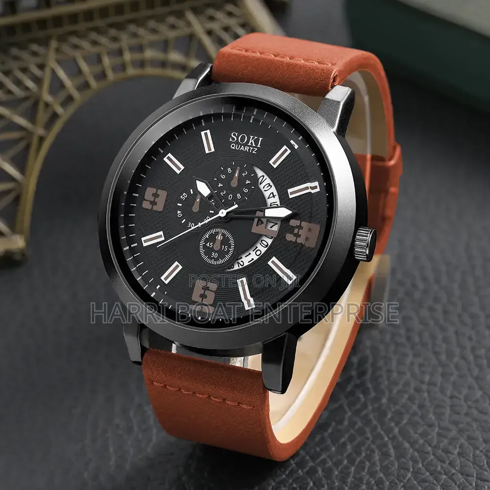 4 PCS/Set Casual Leather Strap Number Date Quartz Wristwatch for Men.