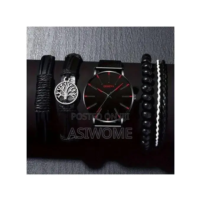 Men's Black 5-in-1 Stainless Steel Watch Bracelet Set-