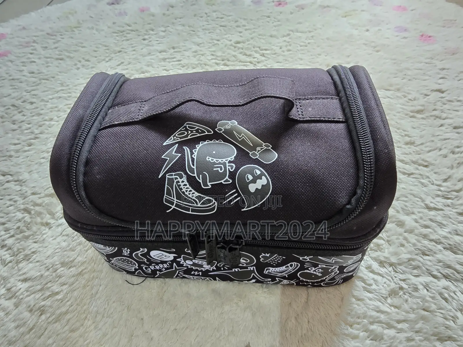 Smiggle Black Dino Skate Doodle Double Decker Kids Insulated Lunch Box