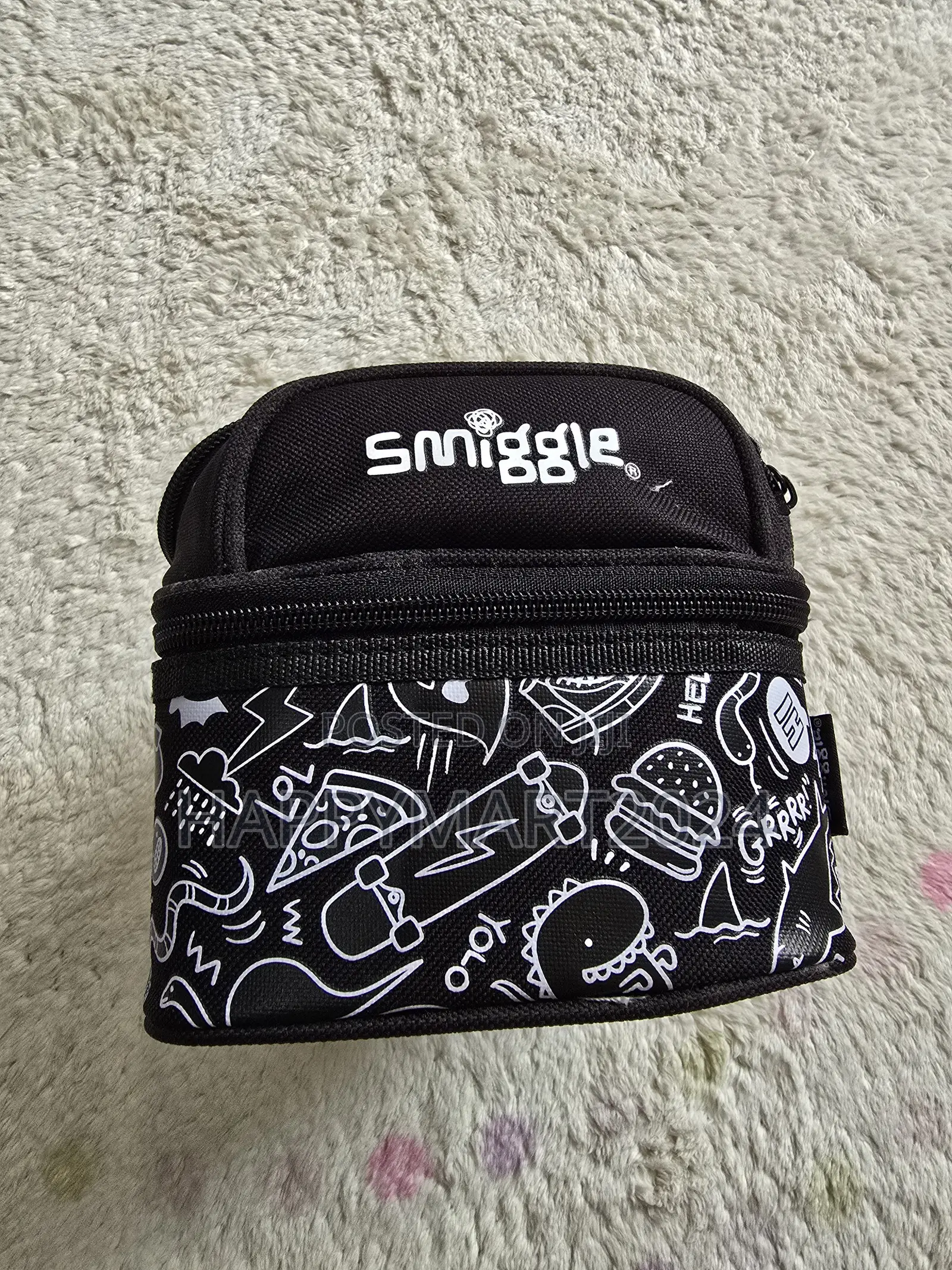 Smiggle Black Dino Skate Doodle Double Decker Kids Insulated Lunch Box