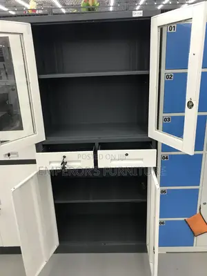 Metal Office Cabinet – 4-Door Storage Cabinet With Glass Doors Lock