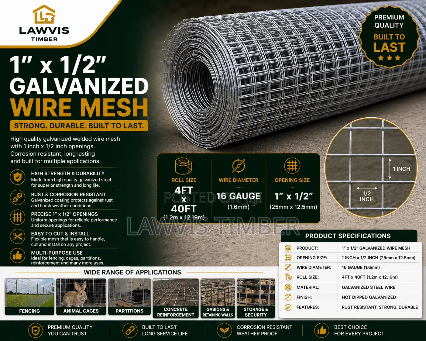 1” × 1/2” Galvanized Wire Mesh | 4ft × 40ft Welded Mesh Roll