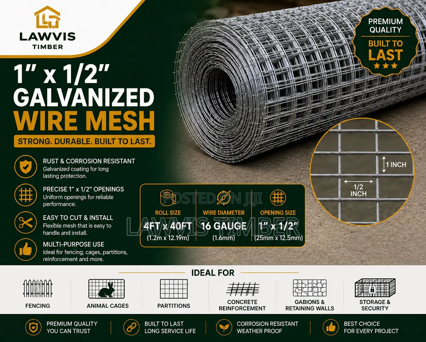 1” × 1/2” Galvanized Wire Mesh | 4ft × 40ft Welded Mesh Roll