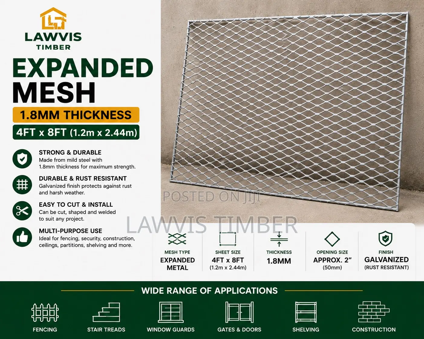 1.8mm Expanded Metal Mesh Sheet | 4ft × 8ft Galvanized Steel