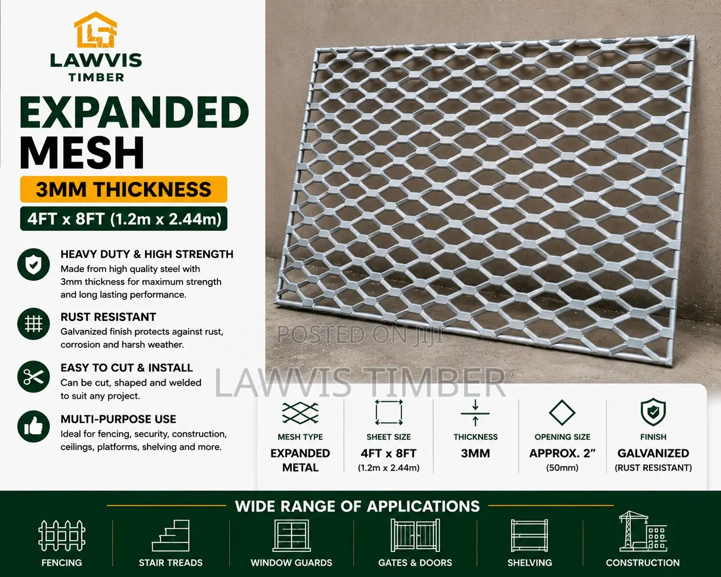 3mm Expanded Metal Mesh Sheet | 4ft × 8ft Heavy Duty Galvanized