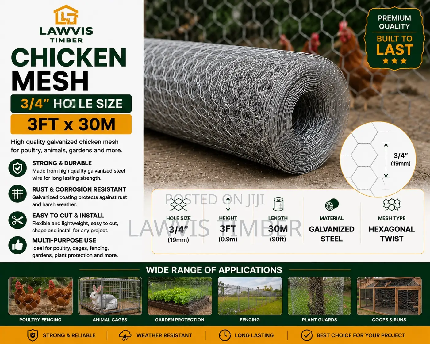 3/4” Chicken Wire Mesh | 3ft × 30m Galvanized Poultry Netting