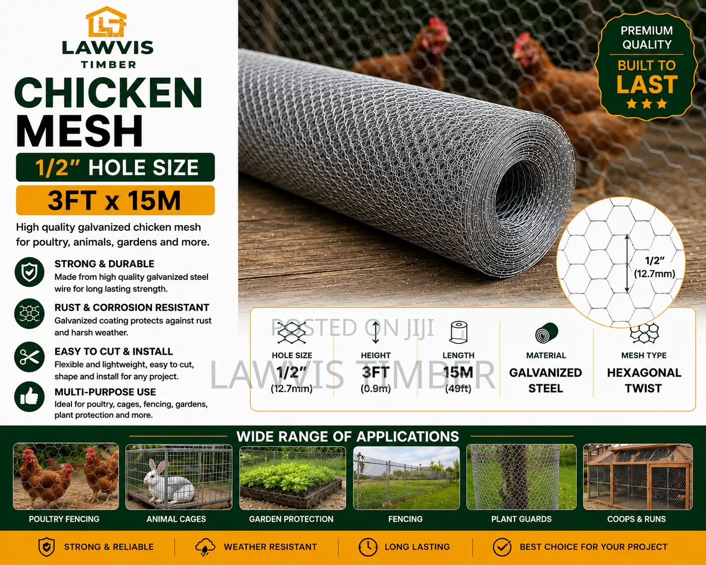 1/2” Chicken Wire Mesh | 3ft × 15m Galvanized Poultry Netting