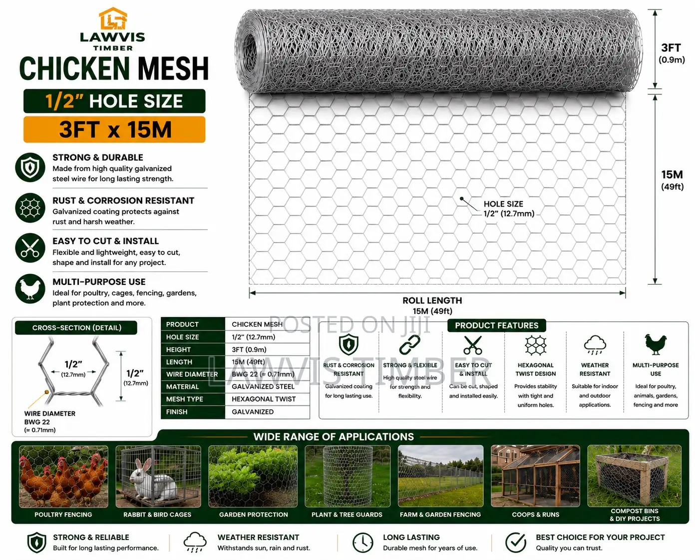 1/2” Chicken Wire Mesh | 3ft × 15m Galvanized Poultry Netting