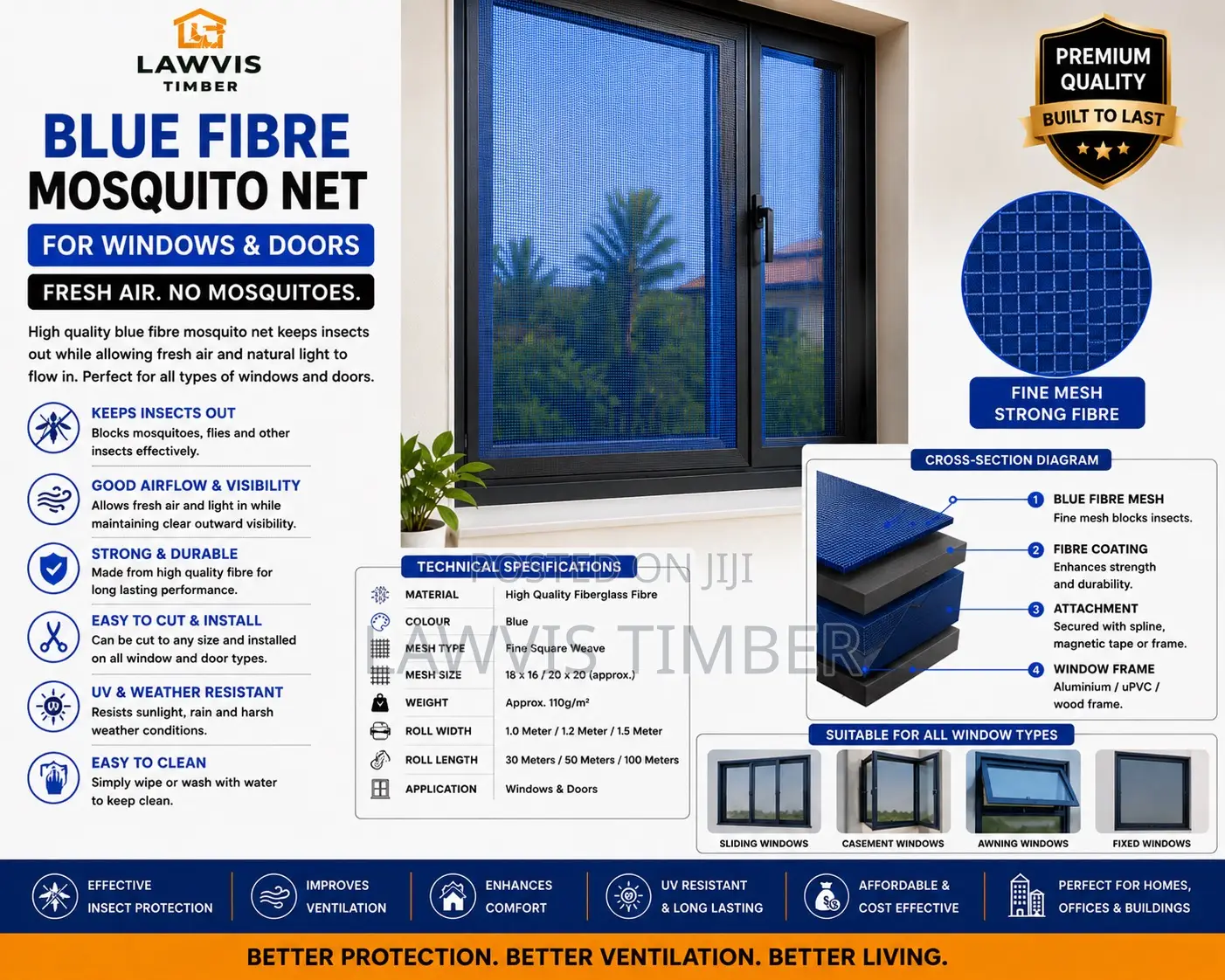 Blue Fibre Mosquito Net | Window Door Insect Screen Mesh | Blue