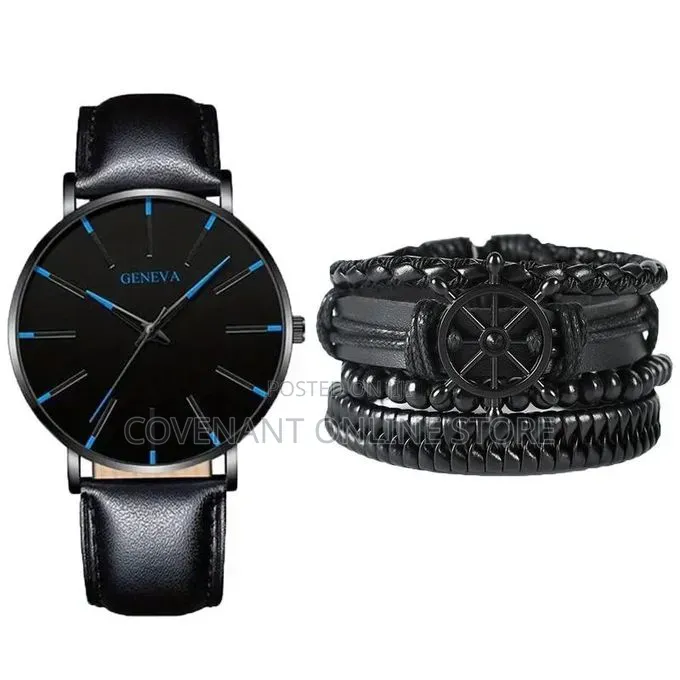 Men's Black Quartz Watch With Leather Strap Bracelet