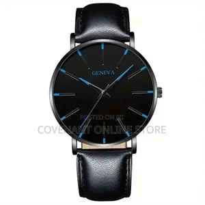 Men's Black Quartz Watch With Leather Strap Bracelet