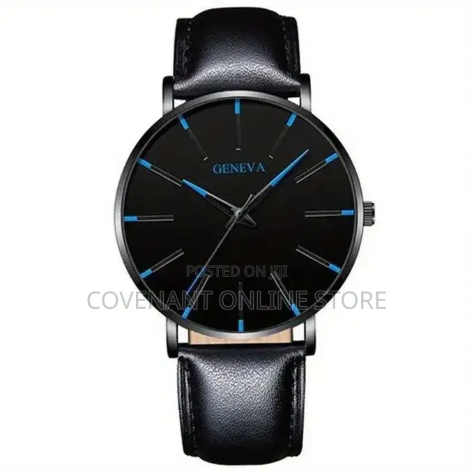 Men's Black Quartz Watch With Leather Strap Bracelet