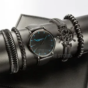 Men's Black Quartz Watch With Leather Strap Bracelet