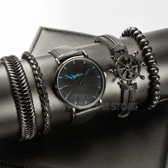 Men's Black Quartz Watch With Leather Strap Bracelet