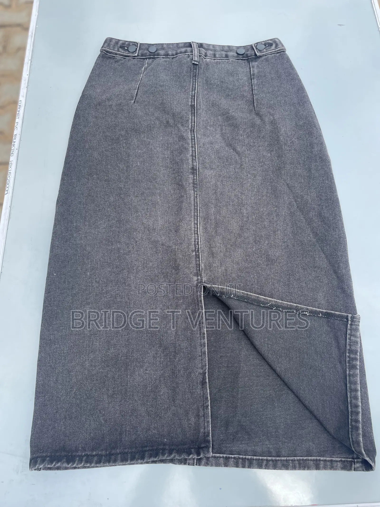 Dark Grey Acid-Wash Denim Midi Skirt With Back Slit
