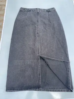Dark Grey Acid-Wash Denim Midi Skirt With Back Slit