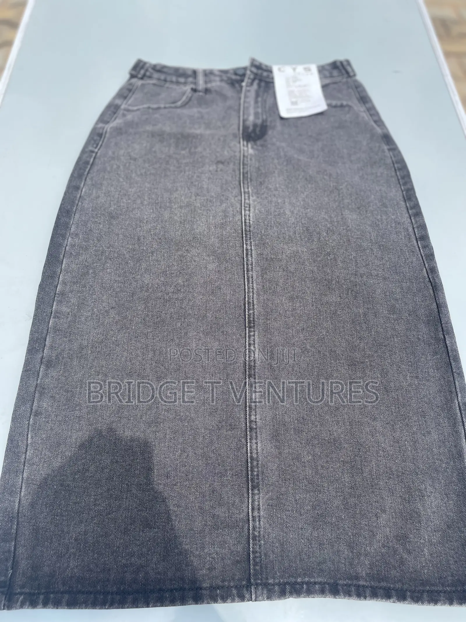 Dark Grey Acid-Wash Denim Midi Skirt With Back Slit
