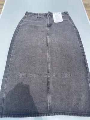Dark Grey Acid-Wash Denim Midi Skirt With Back Slit