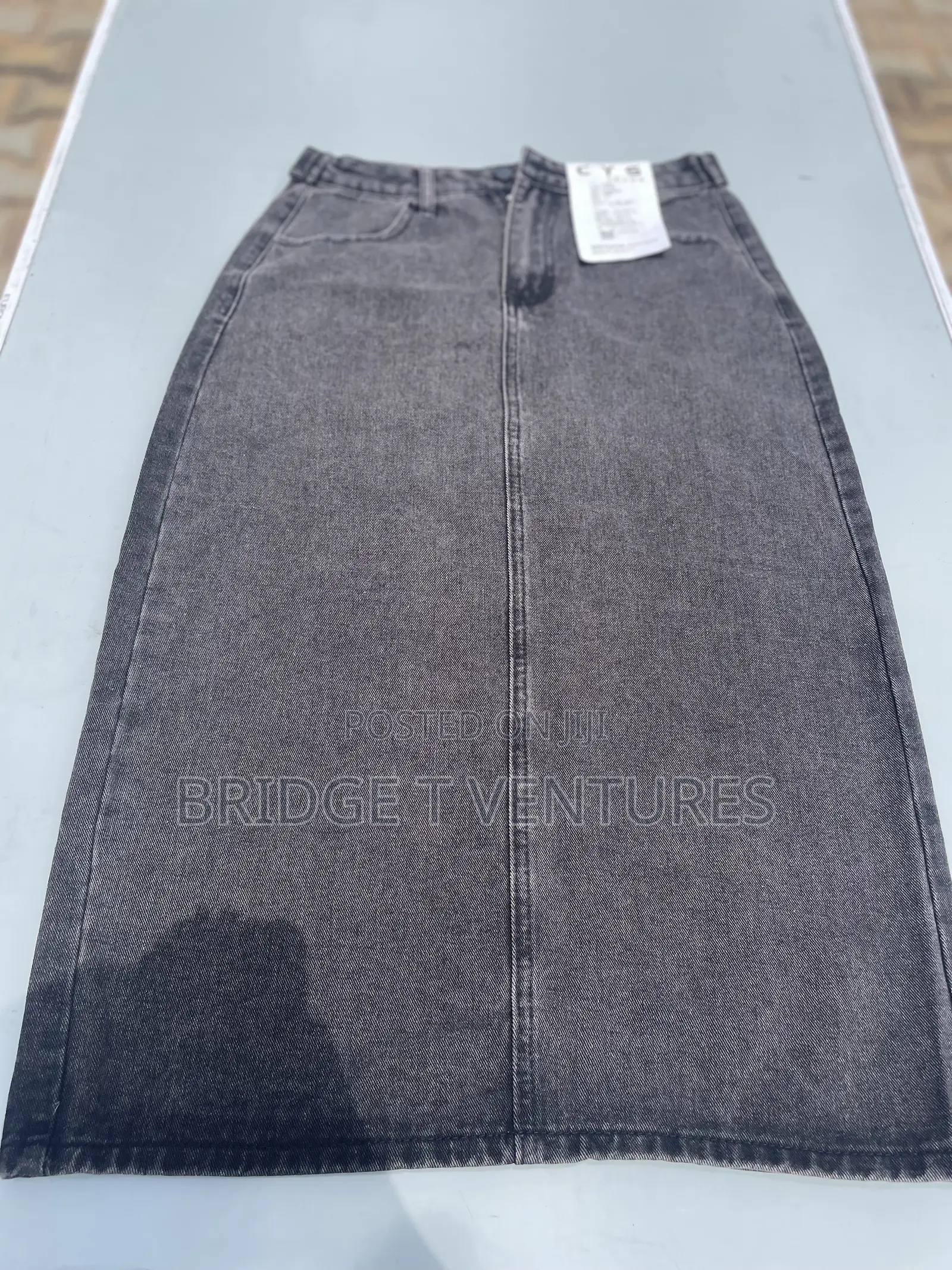 Dark Grey Acid-Wash Denim Midi Skirt With Back Slit