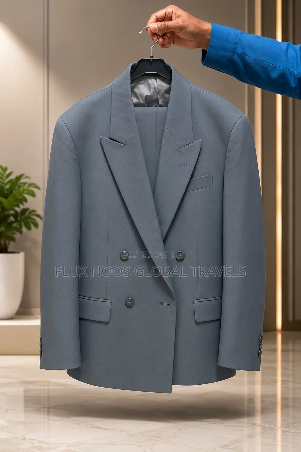 Men's Premium Double-Breasted Suit Size 36 (Grey-Blue)