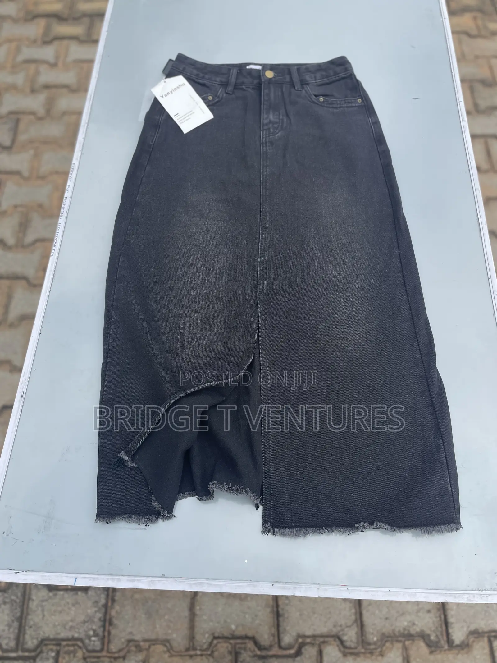 Blacked Washed Denim Maxi Skirt With Front Slit