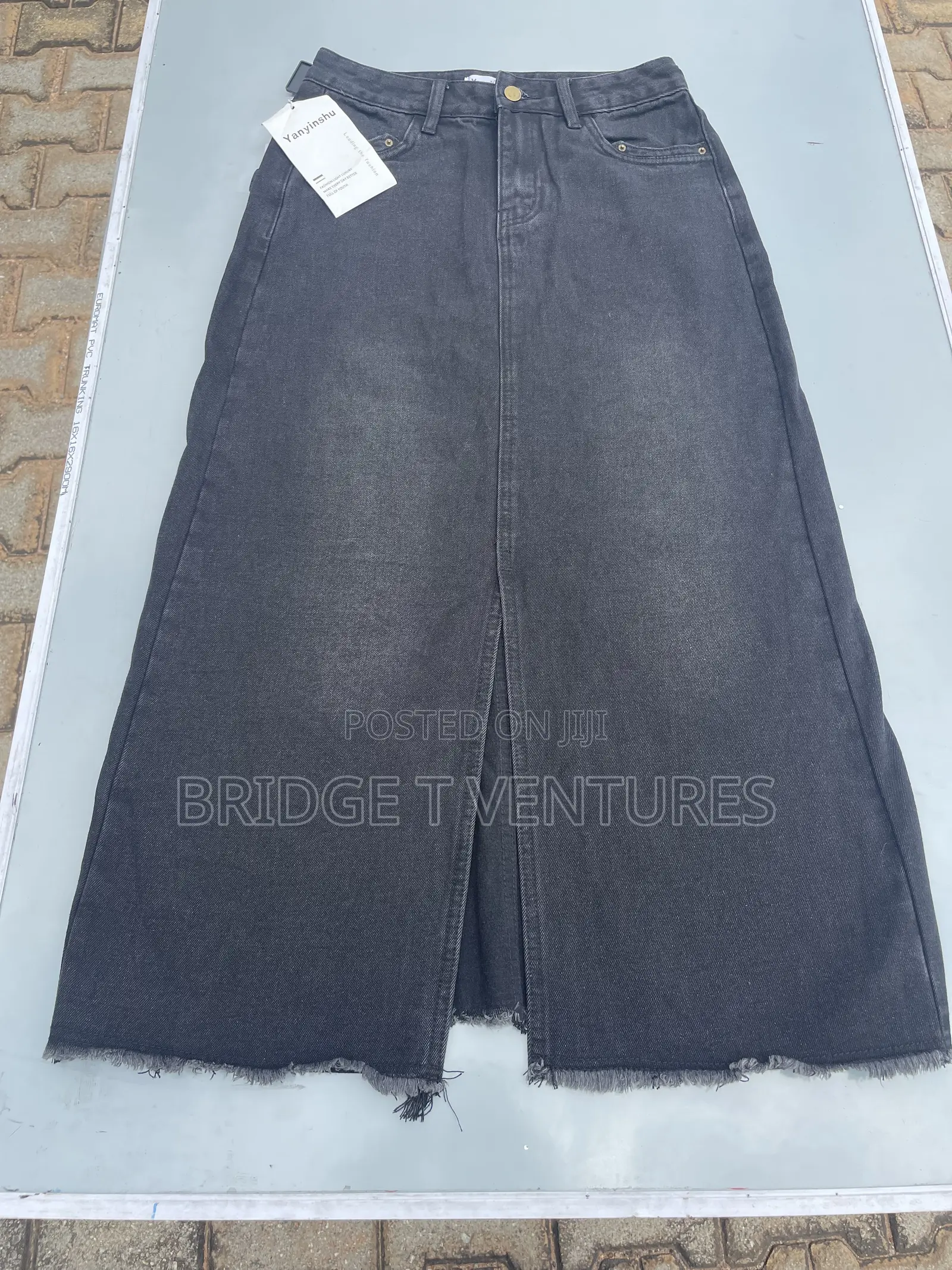 Blacked Washed Denim Maxi Skirt With Front Slit