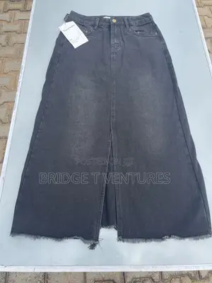 Blacked Washed Denim Maxi Skirt With Front Slit