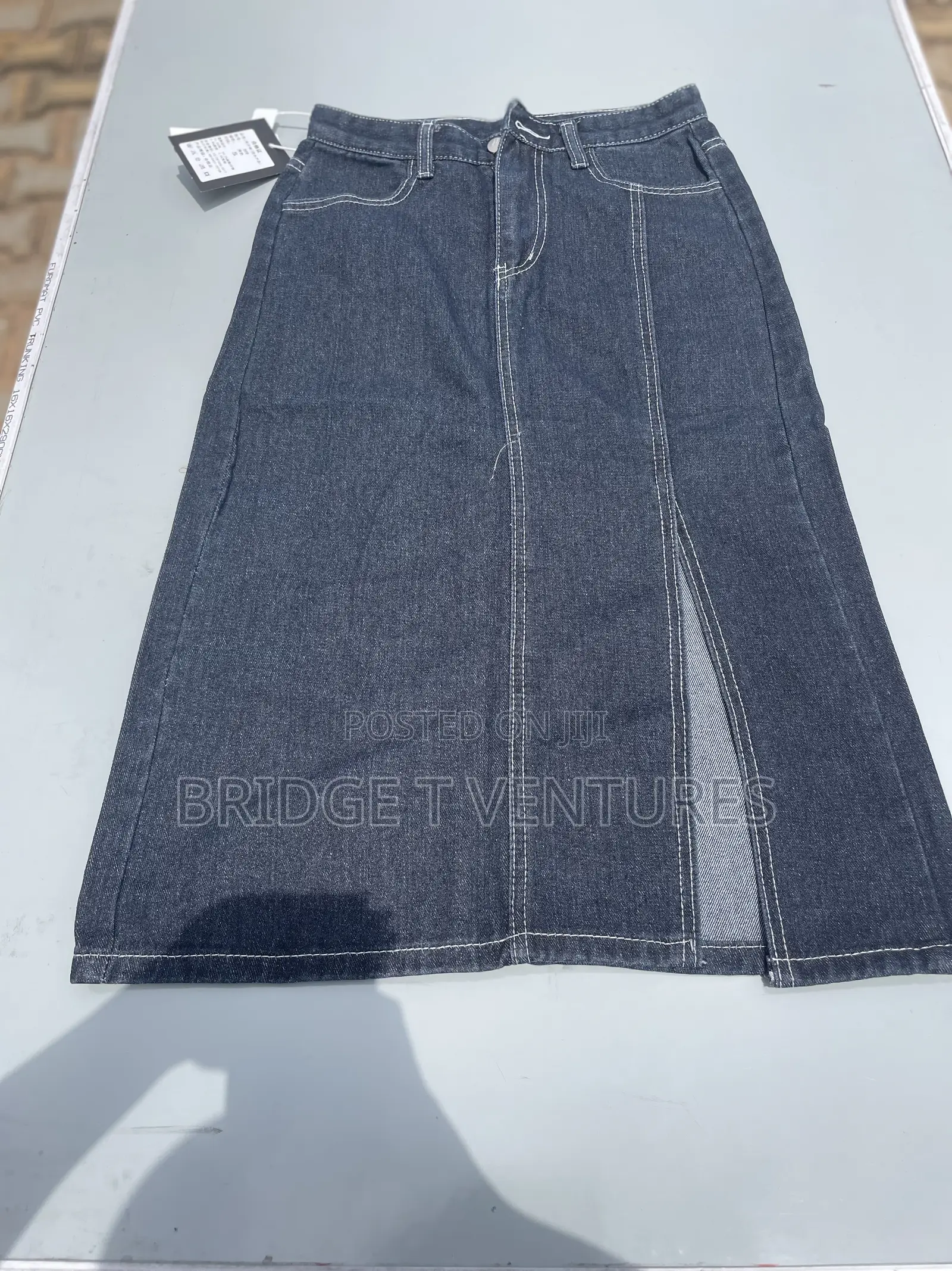 High-Waist Dark Denim Midi Skirt With Front Slit
