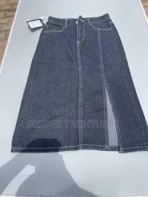 High-Waist Dark Denim Midi Skirt With Front Slit