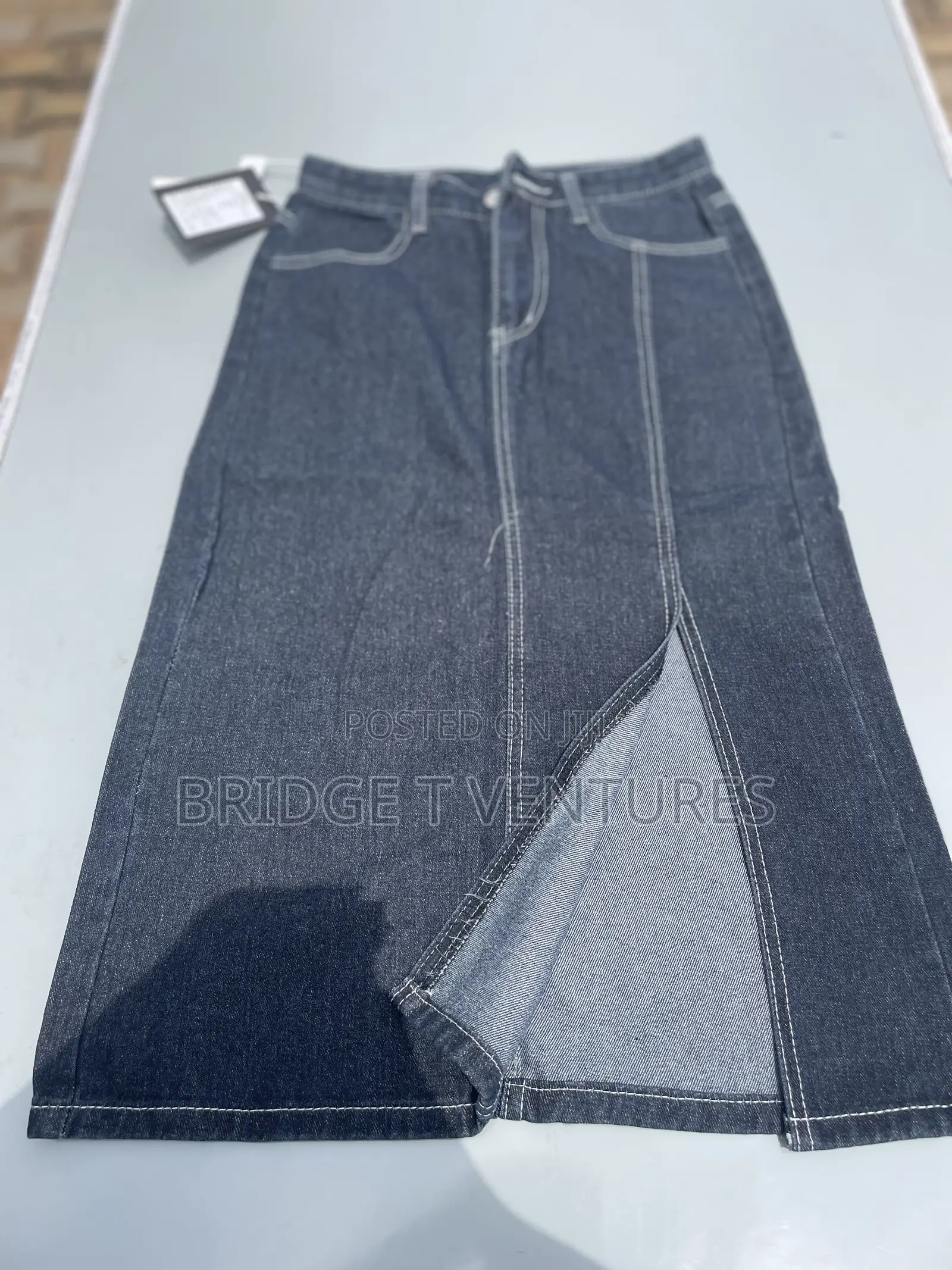 High-Waist Dark Denim Midi Skirt With Front Slit