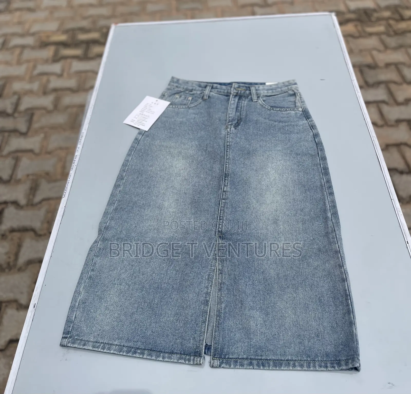 Light Wash Denim Midi Skirt With Front Slit