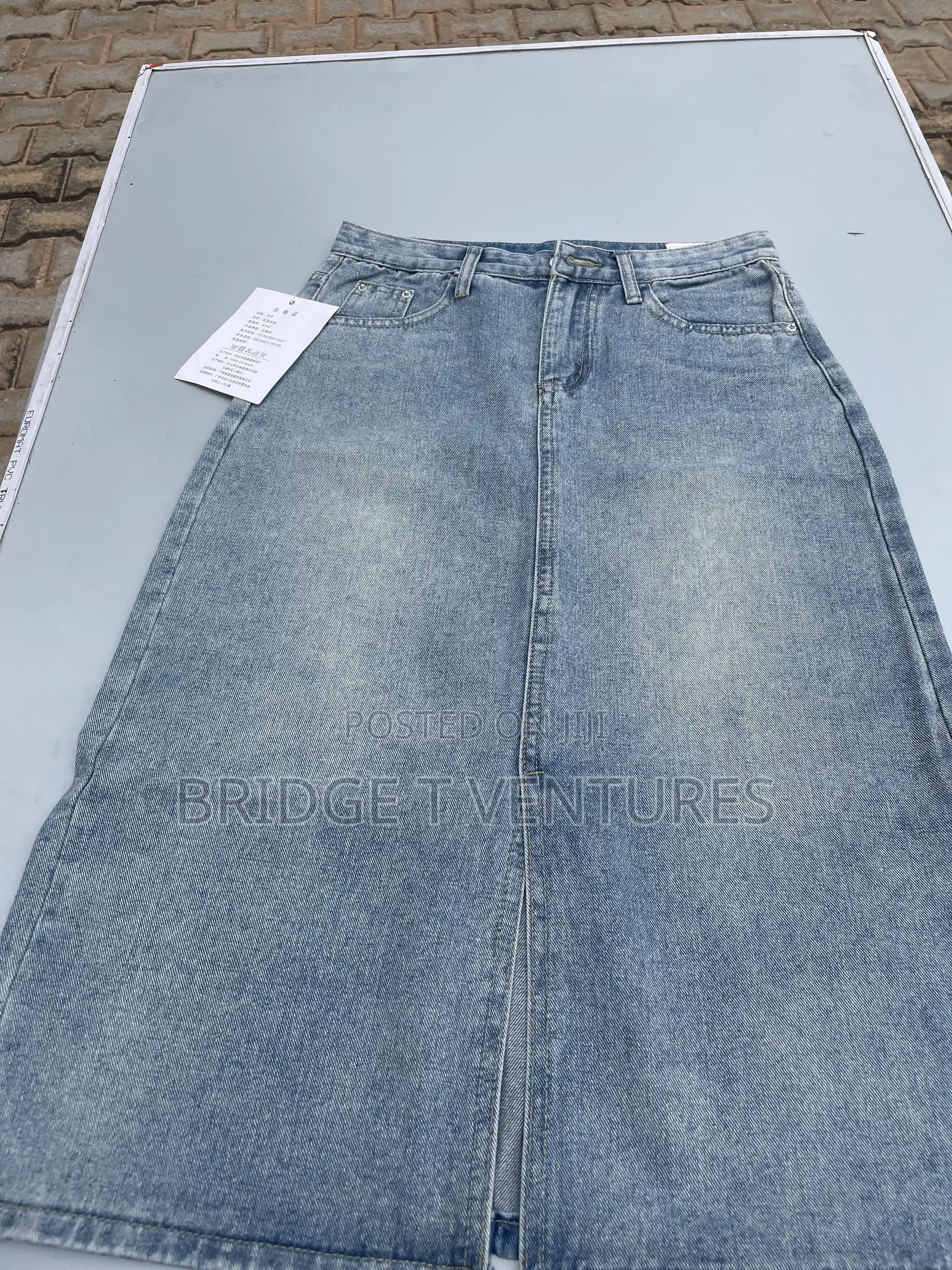 Light Wash Denim Midi Skirt With Front Slit